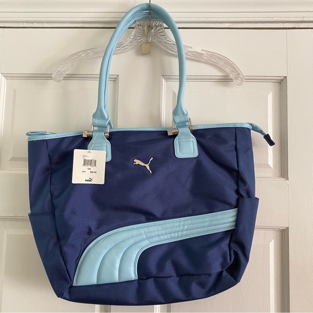Puma Cartel Tote Bag Dark Blue with Light Blue Trim Silver Hardware Zipper NWT